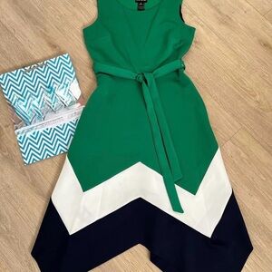 Chic Green and White Midi Dress with Belt